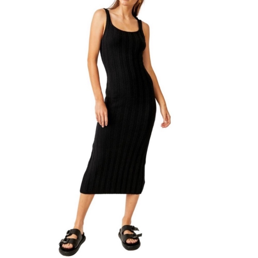 Free People Beach Santos Knit Sweater Midi Dress Womens Large Boho Ribbed Black - Picture 2 of 15